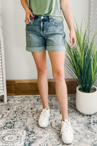 womens denim rolled cuff shorts jag jeans mid-rise front