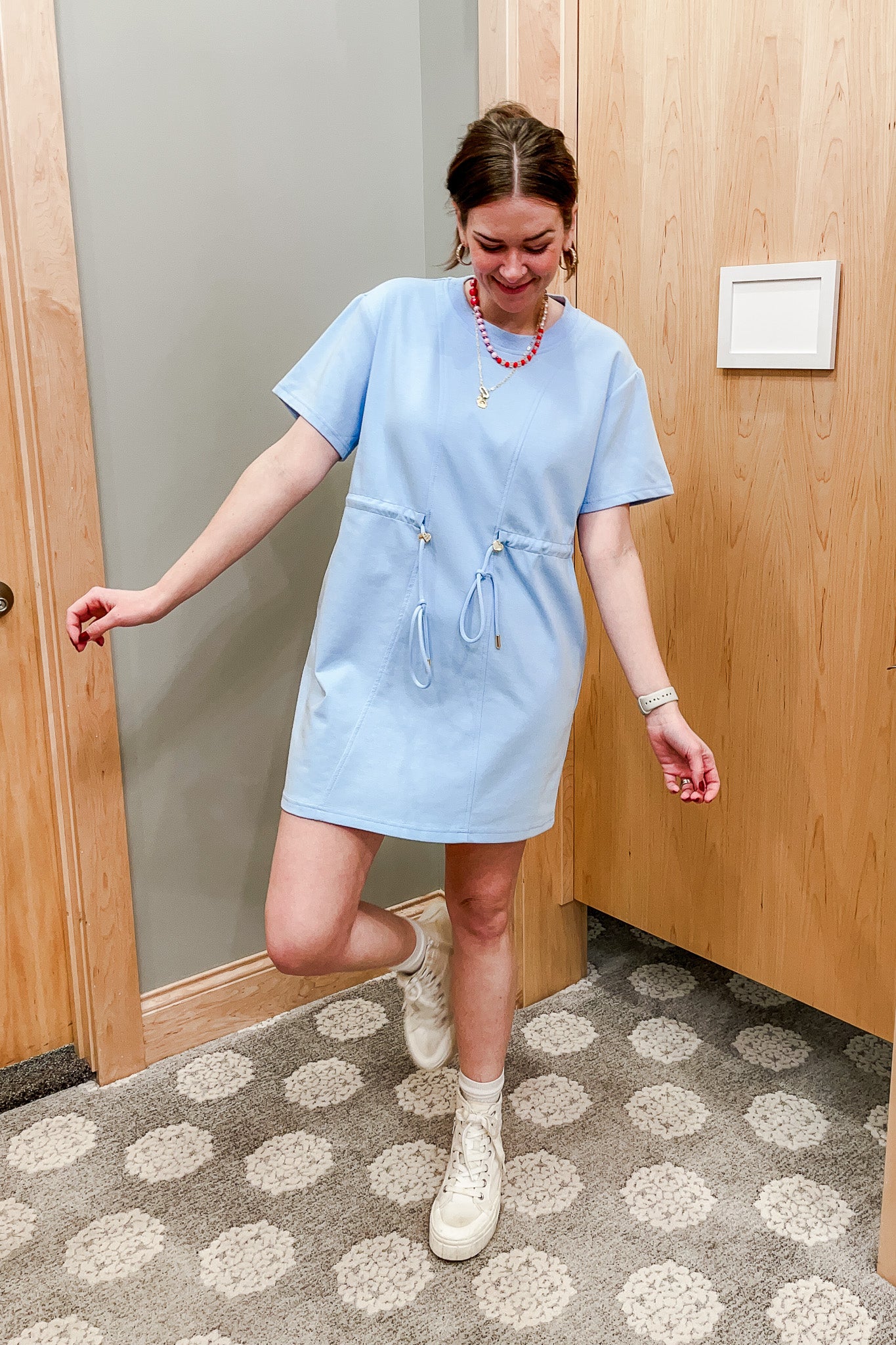 womens drawstring t-shirt mini dress spring summer blue