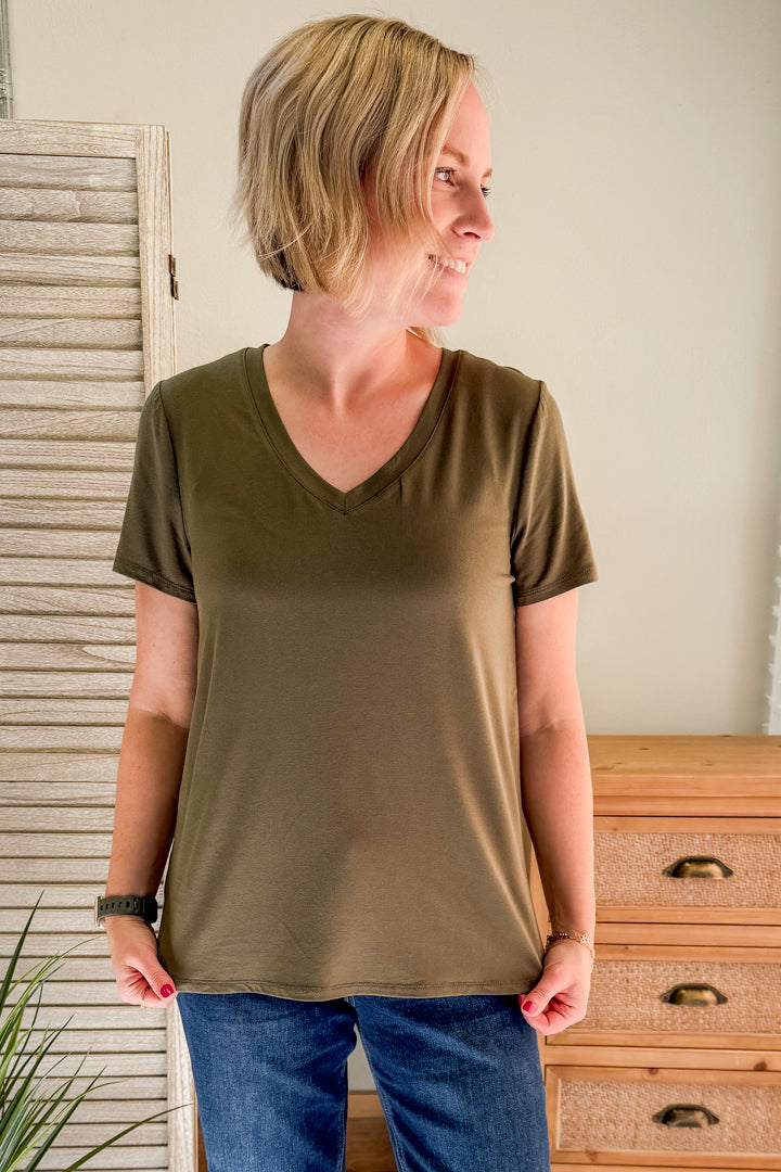 womens olive green v-neck tee short sleeve
