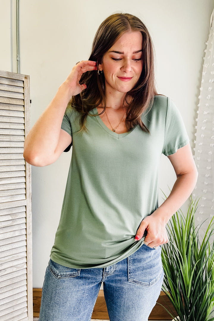 womens sage green v-neck tee short sleeve