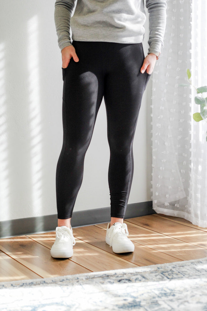 womens stretchy pocket athletic leggings black high rise