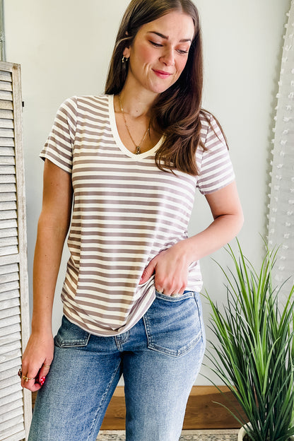 womens stripe grey v-neck tee short sleeve