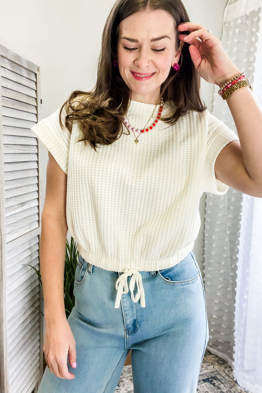womens waffle knit drawstring crop short sleeve tee ivory
