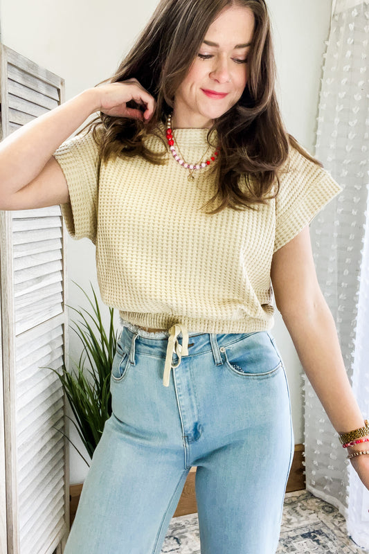 womens waffle knit drawstring crop short sleeve tee wheat