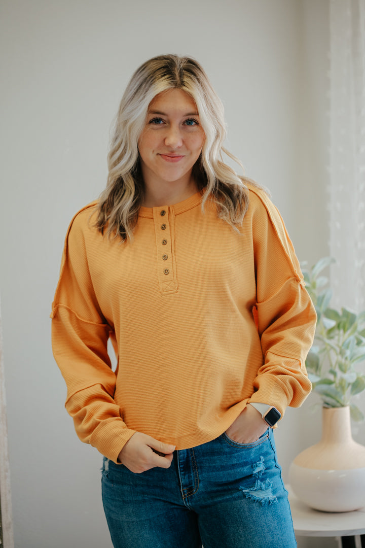 womens mustard yellow gold waffle thermal drop shoulder button henley top