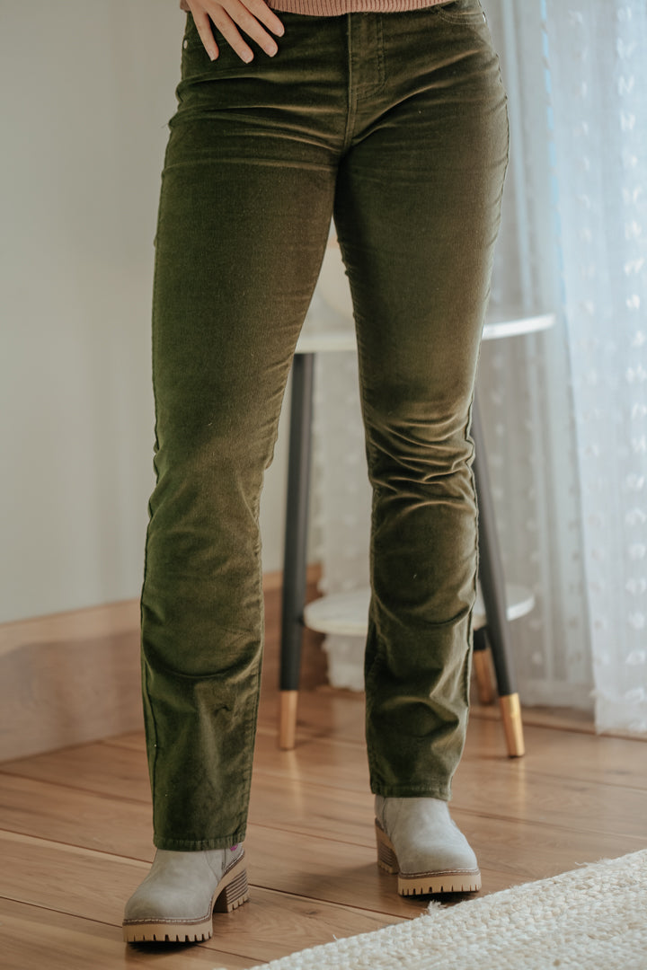womens olive corduroy mid-rise bootcut straight leg pant fall