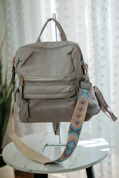vegan leather purple grey embroider strap backpack crossbody