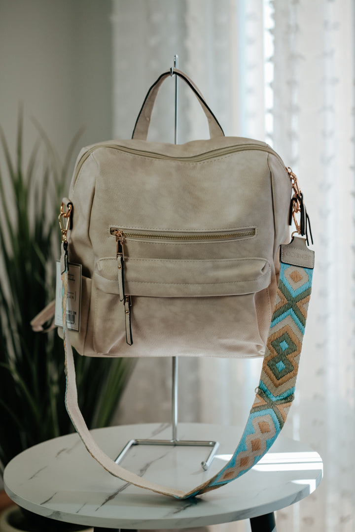 vegan leather taupe embroider strap backpack crossbody