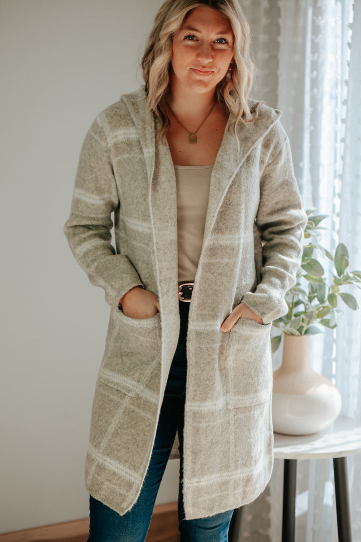 womens grey plaid pocket knit hooded cardigan coat fall winter