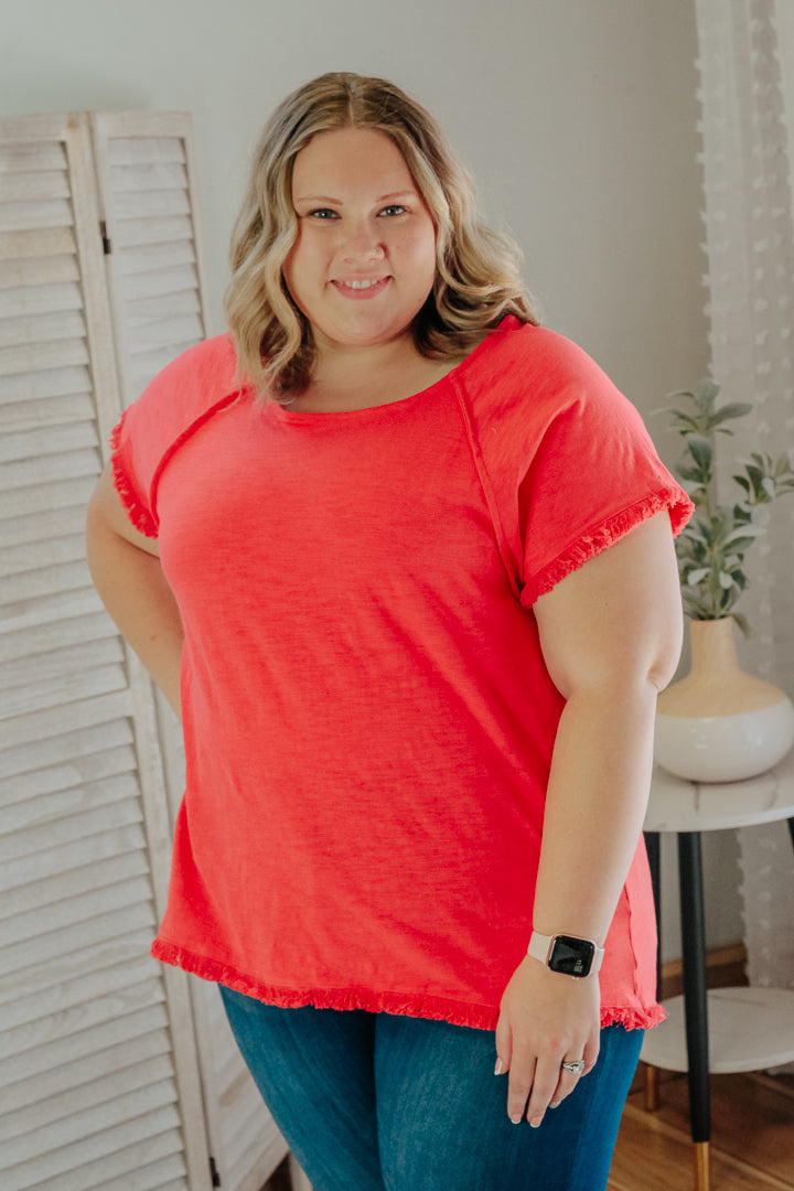 plus size womens coral pink fray trim short sleeve top