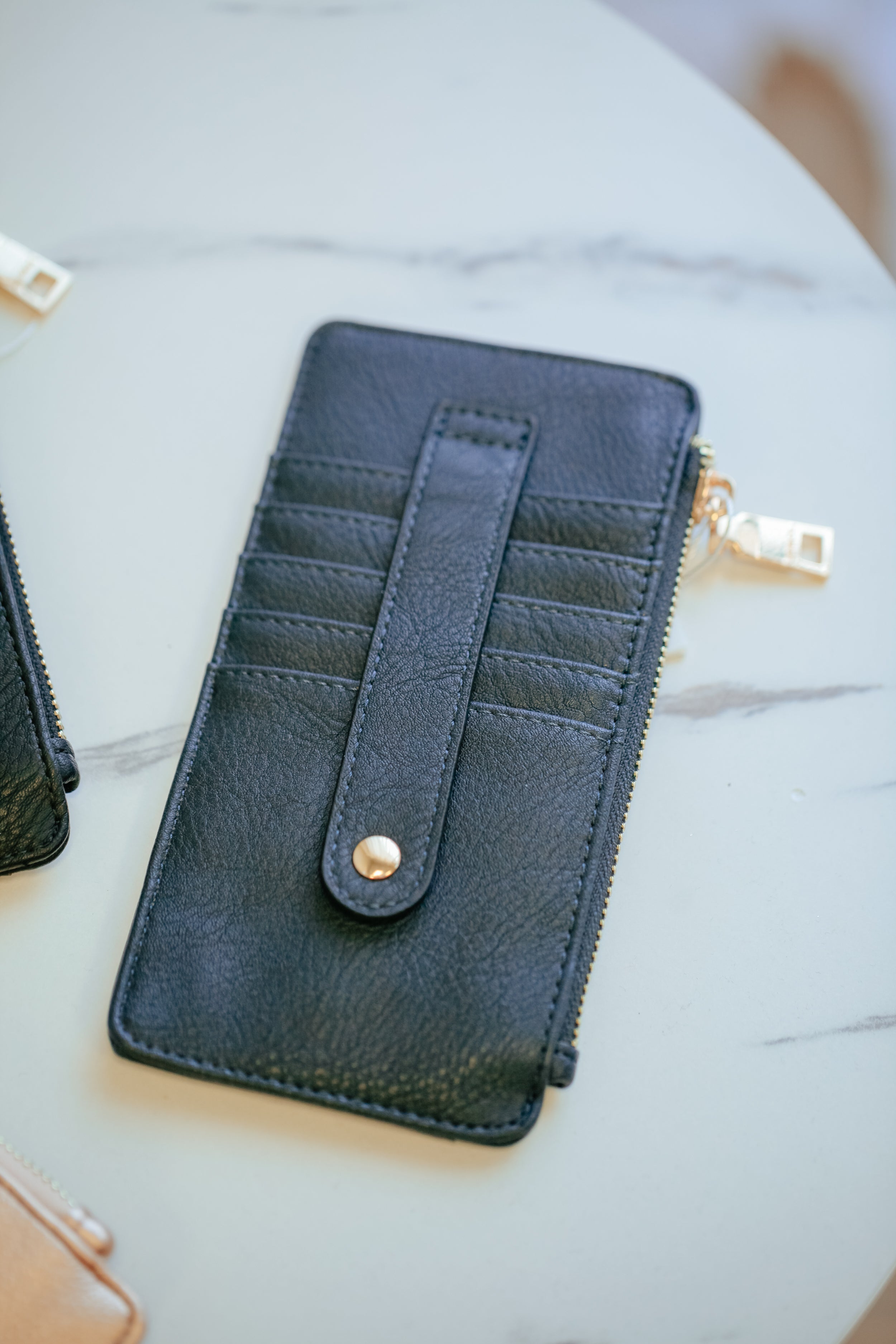 slim snap and zip card wallet navy jen & co