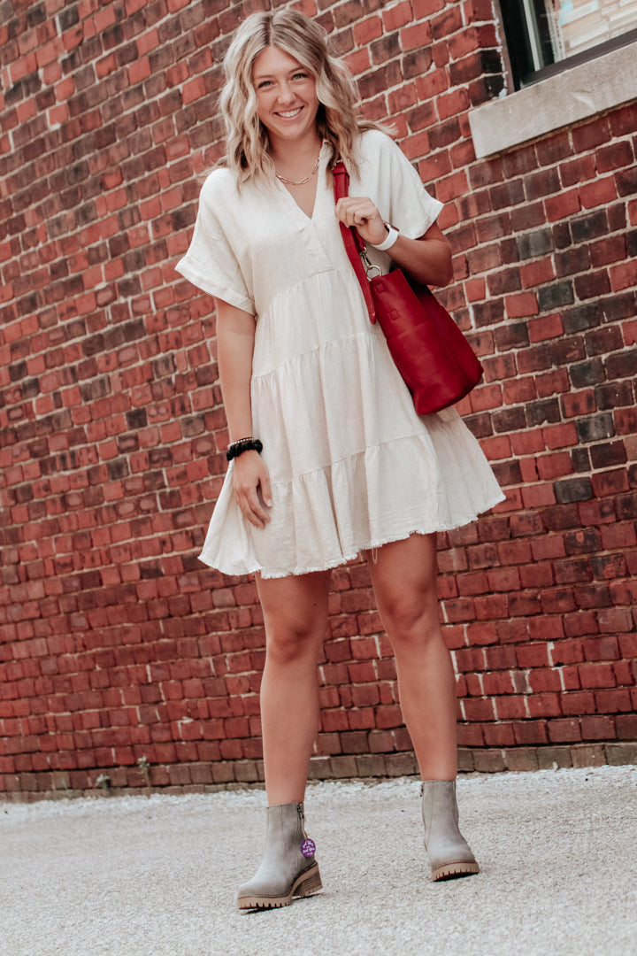 womens linen ivory tiered short sleeve mini dress with collar fall